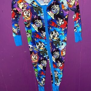Blue Cartoon Print Kids Footie Pajamas